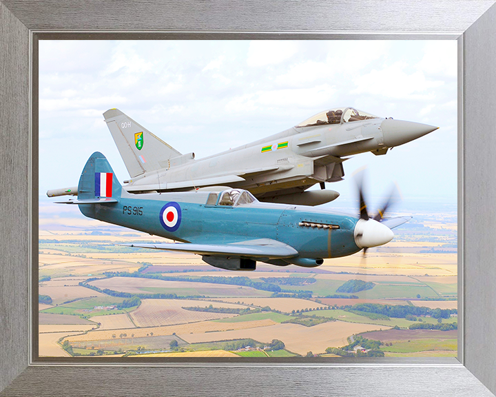 RAF Spitfire And Typhoon in Flight 2010 Royal Air Force Aircraft Photo Print Wall Art Aviation Decor UK Posters, Prints, & Visual Artwork Hampshire Prints 10 x 8 Silver Frame No