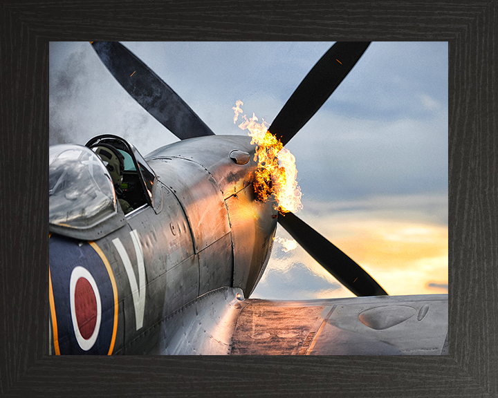 RAF Supermarine Spitfire Hot Start Closeup Royal Air Force Aircraft Photo Print Wall Art Aviation Decor UK Posters, Prints, & Visual Artwork Hampshire Prints 10 x 8 Black Frame No