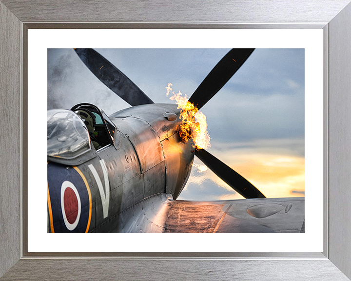 RAF Supermarine Spitfire Hot Start Closeup Royal Air Force Aircraft Photo Print Wall Art Aviation Decor UK Posters, Prints, & Visual Artwork Hampshire Prints 10 x 8 Silver Frame Yes