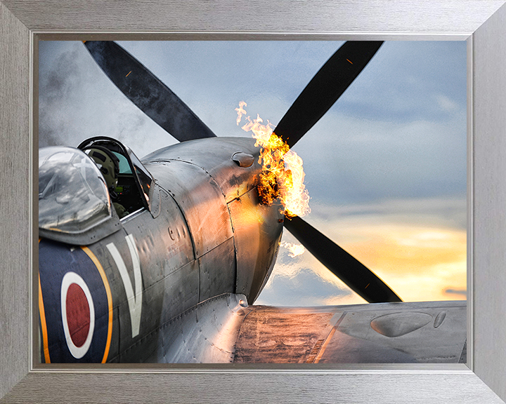 RAF Supermarine Spitfire Hot Start Closeup Royal Air Force Aircraft Photo Print Wall Art Aviation Decor UK Posters, Prints, & Visual Artwork Hampshire Prints 10 x 8 Silver Frame No
