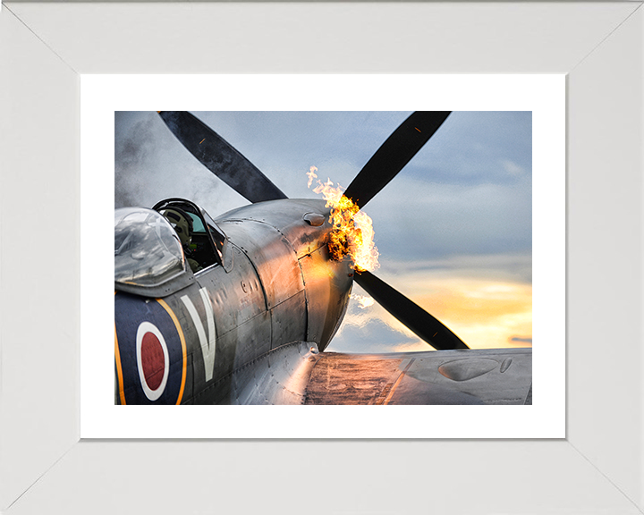 RAF Supermarine Spitfire Hot Start Closeup Royal Air Force Aircraft Photo Print Wall Art Aviation Decor UK Posters, Prints, & Visual Artwork Hampshire Prints 10 x 8 White Frame Yes