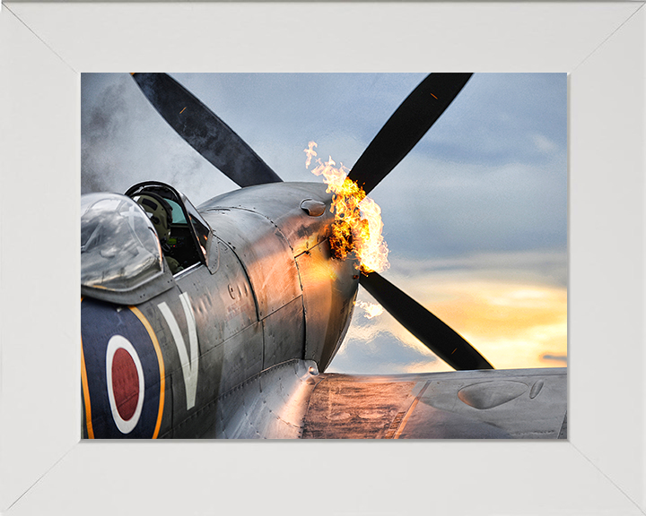 RAF Supermarine Spitfire Hot Start Closeup Royal Air Force Aircraft Photo Print Wall Art Aviation Decor UK Posters, Prints, & Visual Artwork Hampshire Prints 10 x 8 White Frame No
