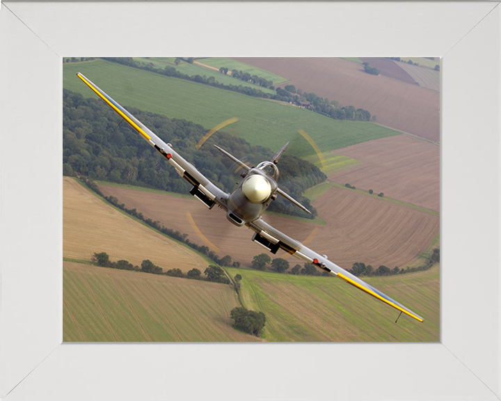 RAF Supermarine Spitfire in Flight Front on View Royal Air Force Aircraft Photo Print Wall Art Aviation Decor UK Posters, Prints, & Visual Artwork Hampshire Prints 10 x 8 White Frame No
