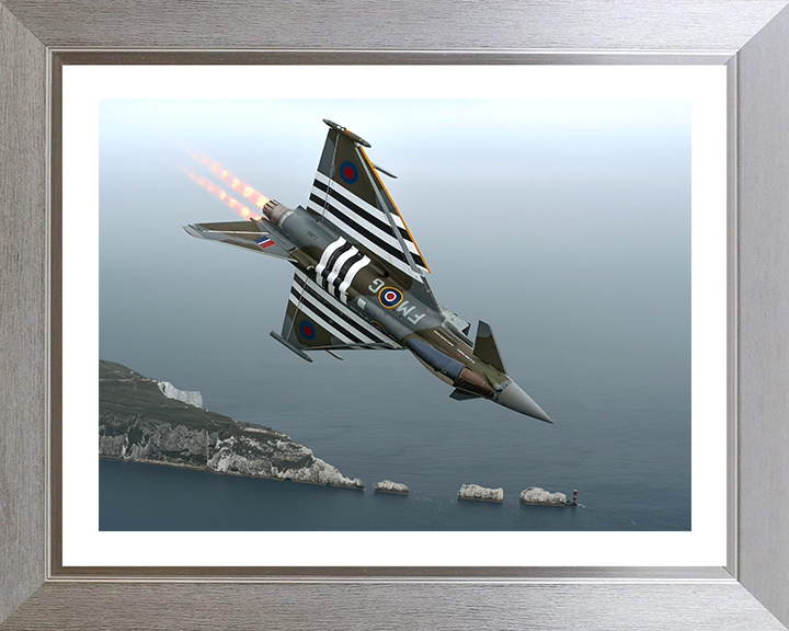 RAF Typhoon Jet in flight over the Needles Photo Print Royal Air Force Aircraft Wall Art Aviation Decor Posters, Prints, & Visual Artwork Hampshire Prints 10 x 8 Silver Frame Yes