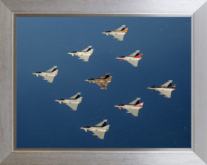 RAF Typhoon diamond 9 formation Royal Air Force Aircraft Photo Print Wall Art Aviation Decor UK Posters, Prints, & Visual Artwork Hampshire Prints 10 x 8 Silver Frame No