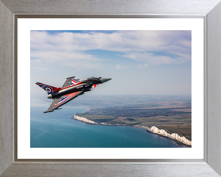 RAF Typhoon over the white cliffs of Dover Photo Print Royal Air Force Aircraft Wall Art Aviation Decor Posters, Prints, & Visual Artwork Hampshire Prints 10 x 8 Silver Frame Yes