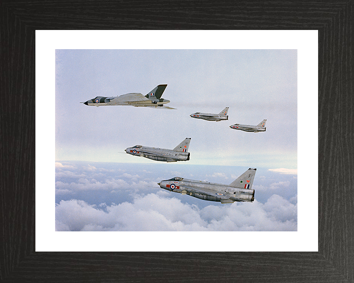 RAF Avro Vulcan Bomber and Four English Electric Lightning Jets Photo Print Royal Air Force Aircraft Wall Art Posters, Prints, & Visual Artwork Hampshire Prints 10 x 8 Black Frame Yes