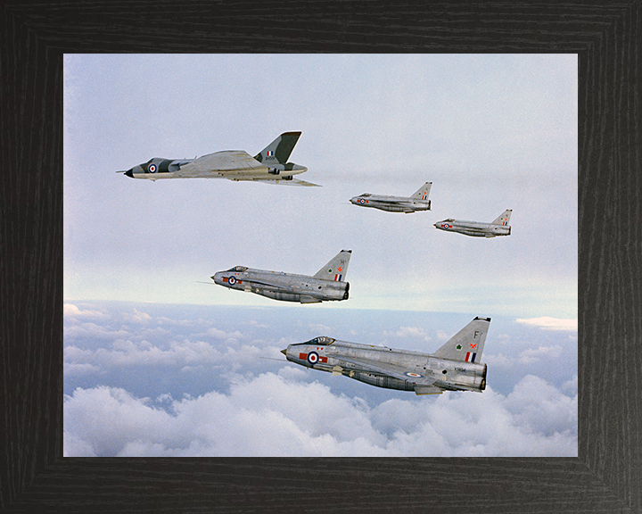 RAF Avro Vulcan Bomber and Four English Electric Lightning Jets Photo Print Royal Air Force Aircraft Wall Art Posters, Prints, & Visual Artwork Hampshire Prints 10 x 8 Black Frame No