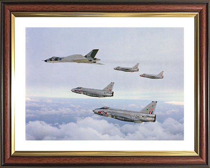 RAF Avro Vulcan Bomber and Four English Electric Lightning Jets Photo Print Royal Air Force Aircraft Wall Art Posters, Prints, & Visual Artwork Hampshire Prints 10 x 8 Classic Frame Yes