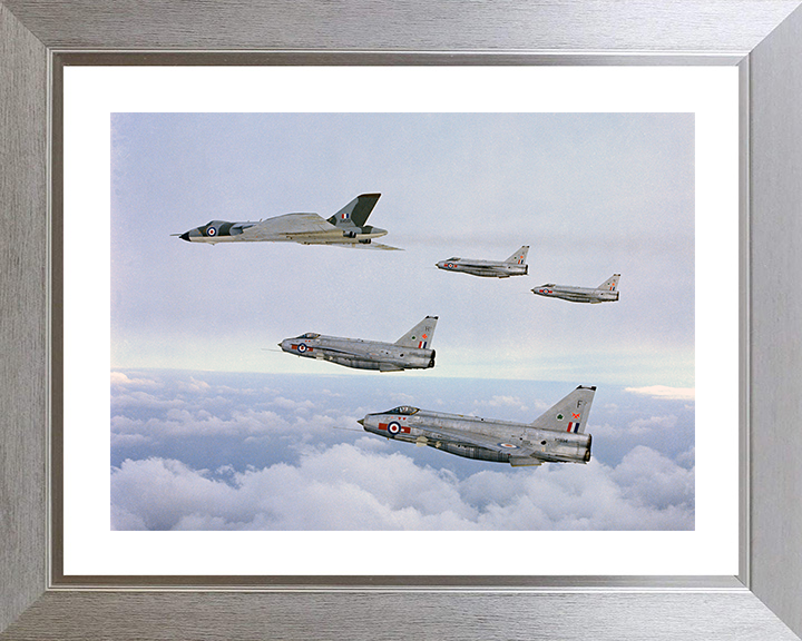 RAF Avro Vulcan Bomber and Four English Electric Lightning Jets Photo Print Royal Air Force Aircraft Wall Art Posters, Prints, & Visual Artwork Hampshire Prints 10 x 8 Silver Frame Yes