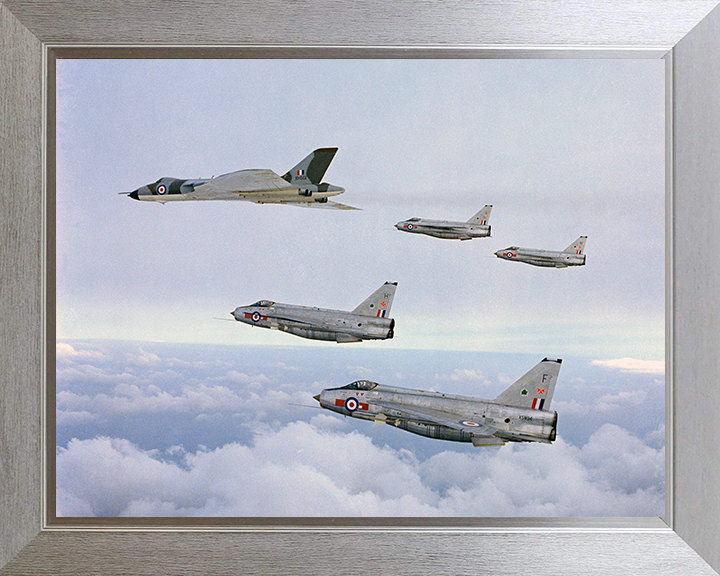 RAF Avro Vulcan Bomber and Four English Electric Lightning Jets Photo Print Royal Air Force Aircraft Wall Art Posters, Prints, & Visual Artwork Hampshire Prints 10 x 8 Silver Frame No