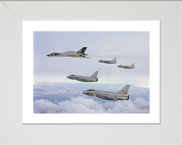 RAF Avro Vulcan Bomber and Four English Electric Lightning Jets Photo Print Royal Air Force Aircraft Wall Art Posters, Prints, & Visual Artwork Hampshire Prints 10 x 8 White Frame Yes