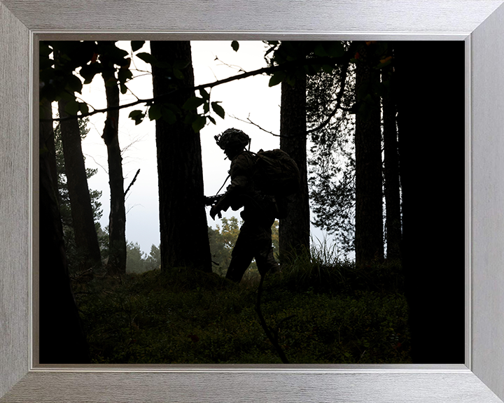 British Army Reservists Soldier Patrolling Silhouette Photo Print Wall Art Military Poster Posters, Prints, & Visual Artwork Hampshire Prints 10 x 8 Silver Frame No