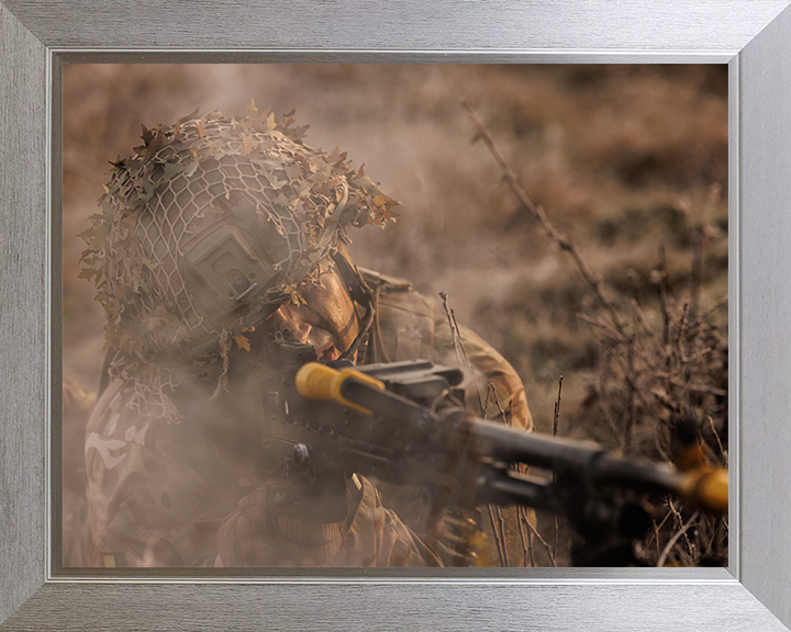 British Army Soldier during a dawn attack exercise Photo Print Wall Art Military Decor Posters, Prints, & Visual Artwork Hampshire Prints 10 x 8 Silver Frame No