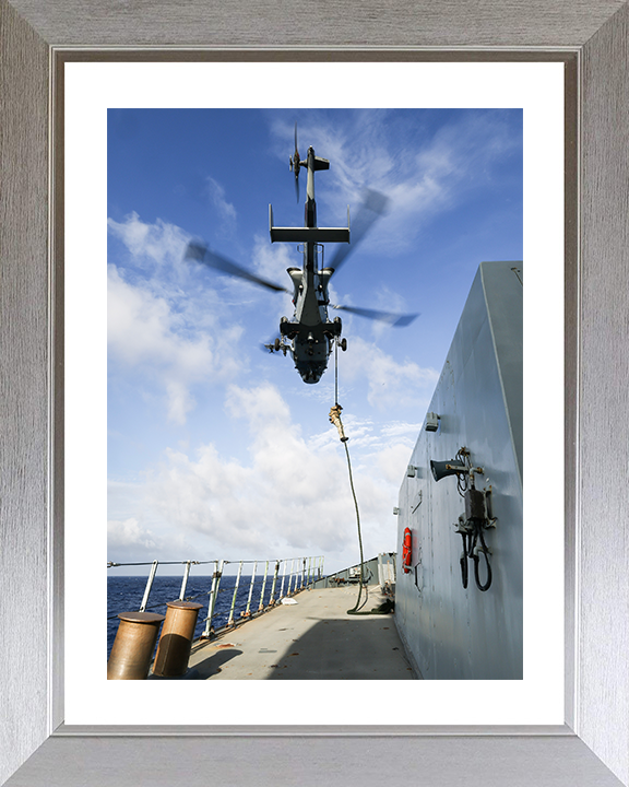 Royal Marine Commando Fast Roping To HMS Dauntless Photo Print - 42 Commando Posters, Prints, & Visual Artwork Hampshire Prints 10 x 8 Silver Frame Yes