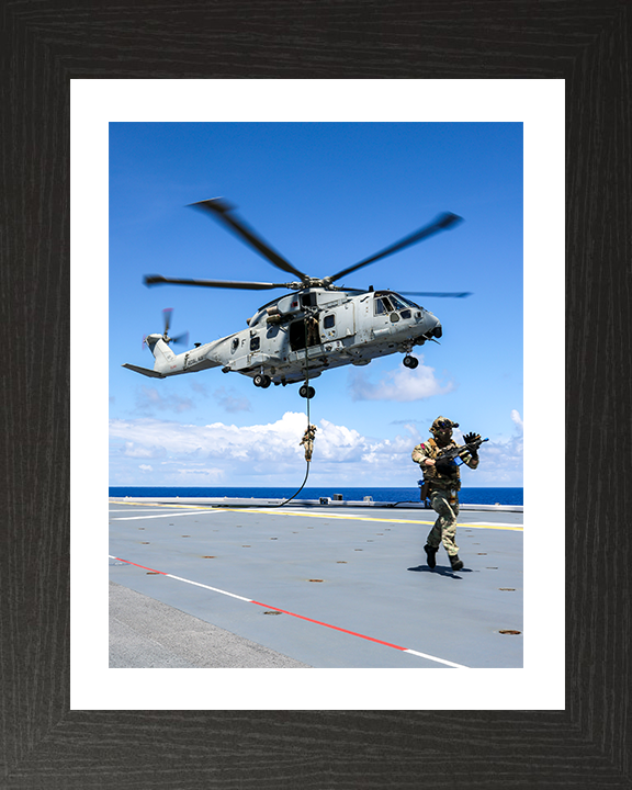 Royal Marine Commando Fast Roping from a Merlin 2025 Photo Print - 42 Commando Posters, Prints, & Visual Artwork Hampshire Prints 10 x 8 Black Frame Yes
