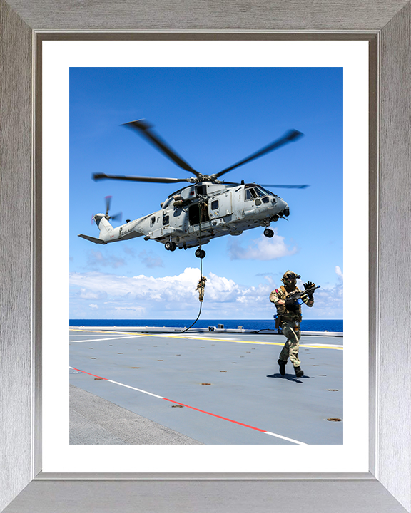 Royal Marine Commando Fast Roping from a Merlin 2025 Photo Print - 42 Commando Posters, Prints, & Visual Artwork Hampshire Prints 10 x 8 Silver Frame Yes