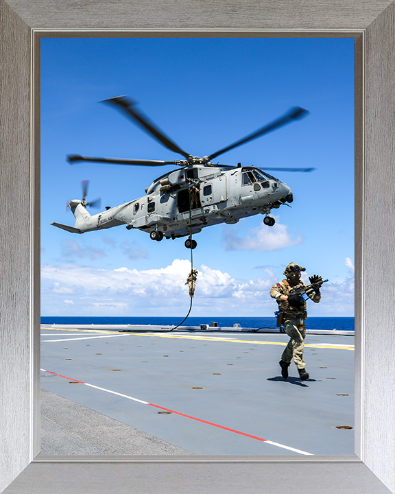 Royal Marine Commando Fast Roping from a Merlin 2025 Photo Print - 42 Commando Posters, Prints, & Visual Artwork Hampshire Prints 10 x 8 Silver Frame No