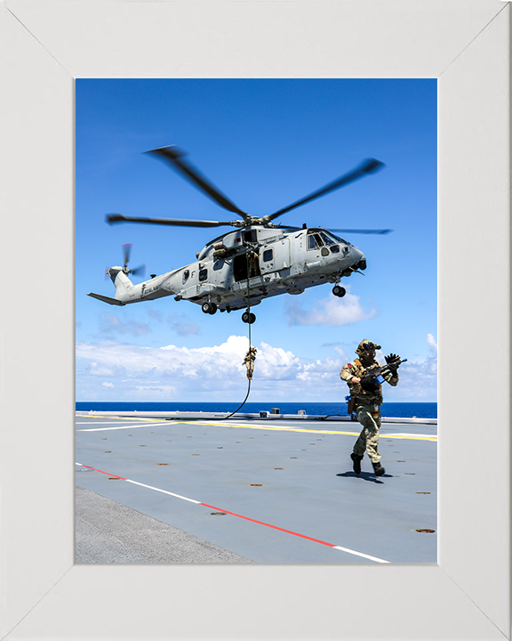 Royal Marine Commando Fast Roping from a Merlin 2025 Photo Print - 42 Commando Posters, Prints, & Visual Artwork Hampshire Prints 10 x 8 White Frame No