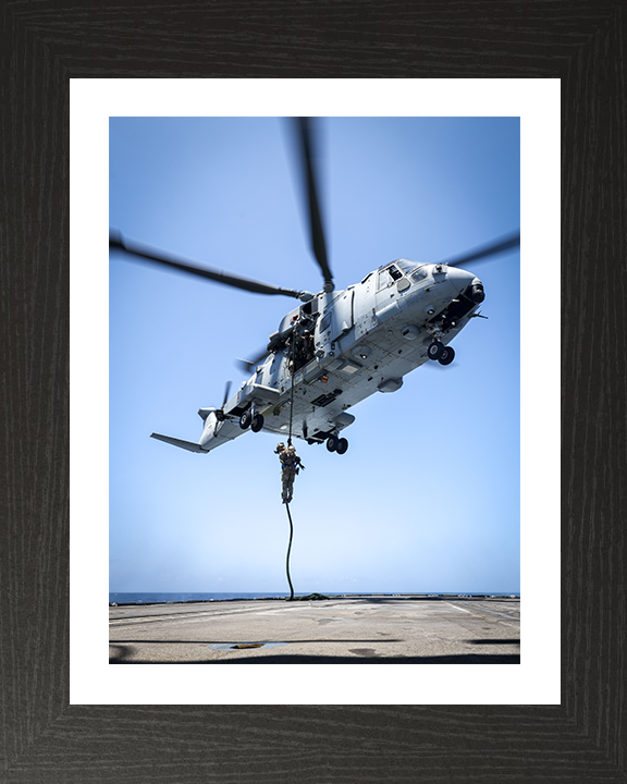 Royal Marine Commando Fast Roping from a Merlin Photo Print - 42 Commando Posters, Prints, & Visual Artwork Hampshire Prints 10 x 8 Black Frame Yes
