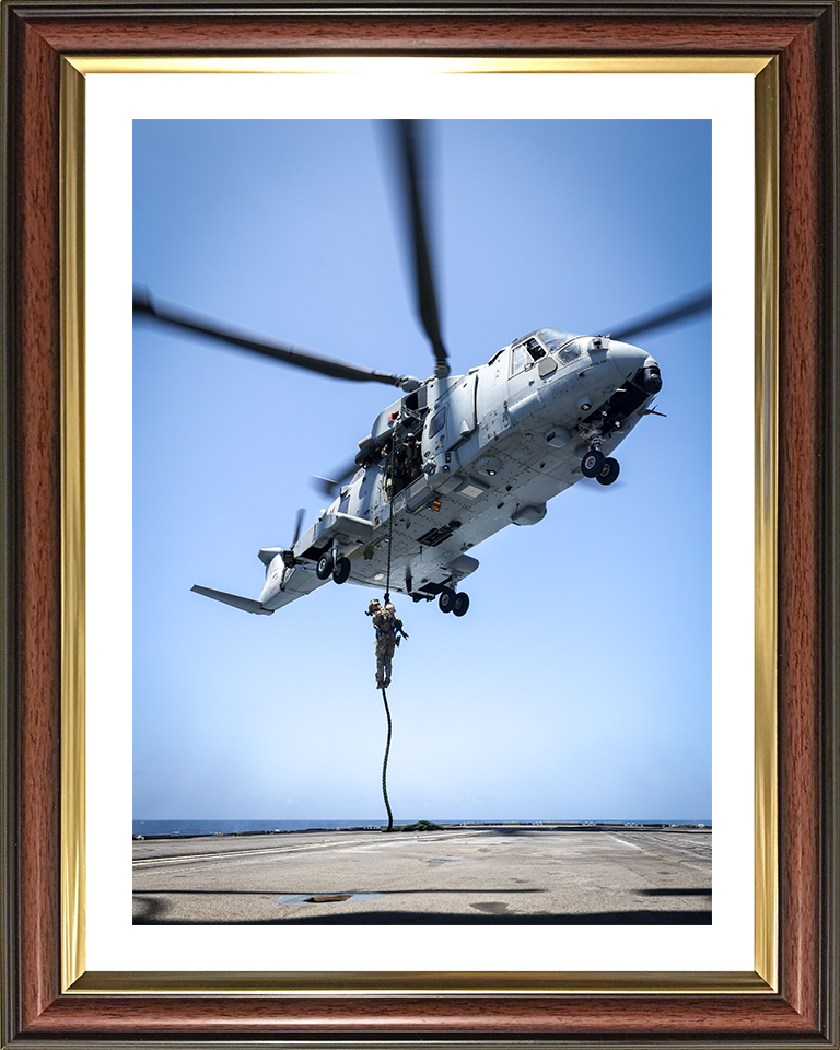 Royal Marine Commando Fast Roping from a Merlin Photo Print - 42 Commando Posters, Prints, & Visual Artwork Hampshire Prints 10 x 8 Classic Frame Yes