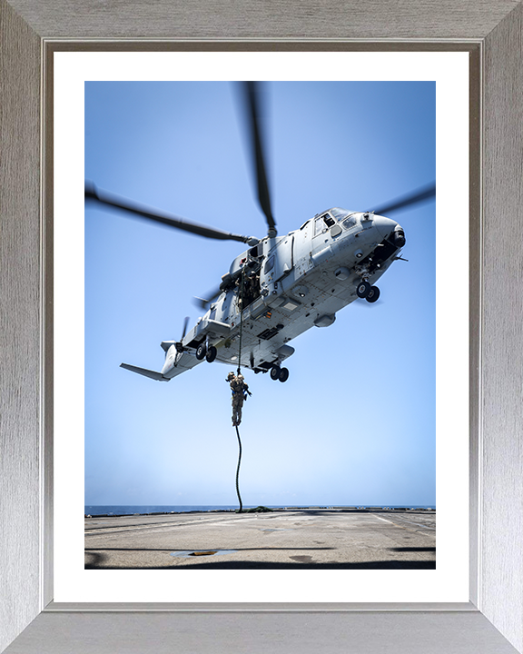 Royal Marine Commando Fast Roping from a Merlin Photo Print - 42 Commando Posters, Prints, & Visual Artwork Hampshire Prints 10 x 8 Silver Frame Yes