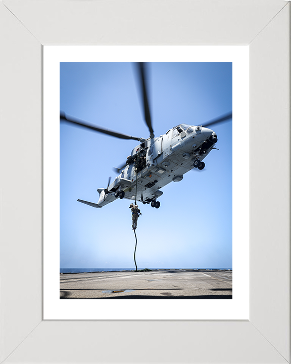 Royal Marine Commando Fast Roping from a Merlin Photo Print - 42 Commando Posters, Prints, & Visual Artwork Hampshire Prints 10 x 8 White Frame Yes