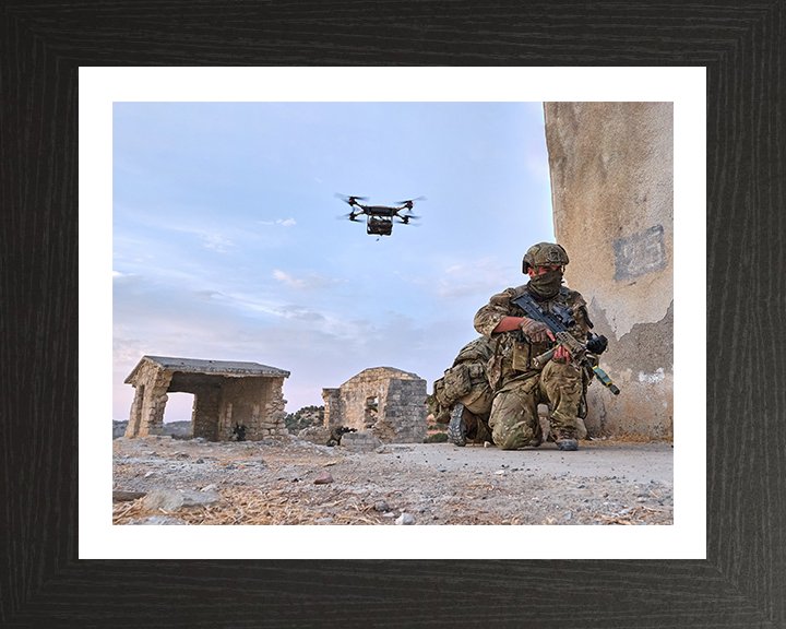 Royal Marine Commando with Drone Photo Print - 40 Commando Posters, Prints, & Visual Artwork Hampshire Prints 10 x 8 Black Frame Yes