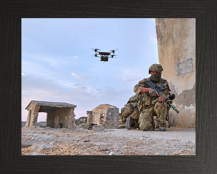 Royal Marine Commando with Drone Photo Print - 40 Commando Posters, Prints, & Visual Artwork Hampshire Prints 10 x 8 Black Frame No