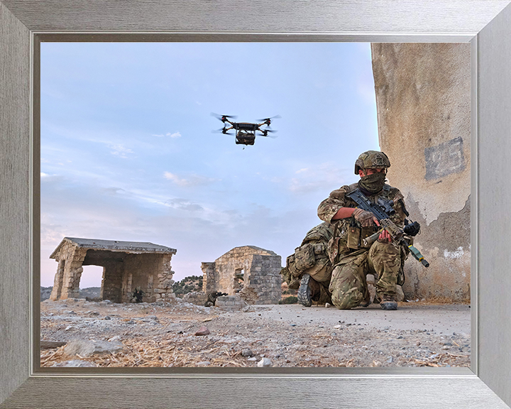 Royal Marine Commando with Drone Photo Print - 40 Commando Posters, Prints, & Visual Artwork Hampshire Prints 10 x 8 Silver Frame No