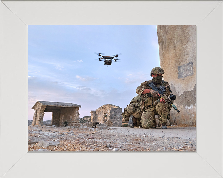 Royal Marine Commando with Drone Photo Print - 40 Commando Posters, Prints, & Visual Artwork Hampshire Prints 10 x 8 White Frame No