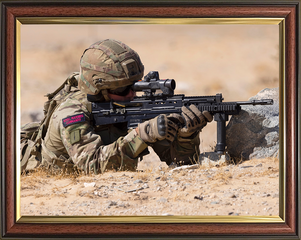 Royal Marine Commando firing Weapon Photo Print 30 Commando Marines Wall Art Military Decor UK Posters, Prints, & Visual Artwork Hampshire Prints 10 x 8 Classic Frame No
