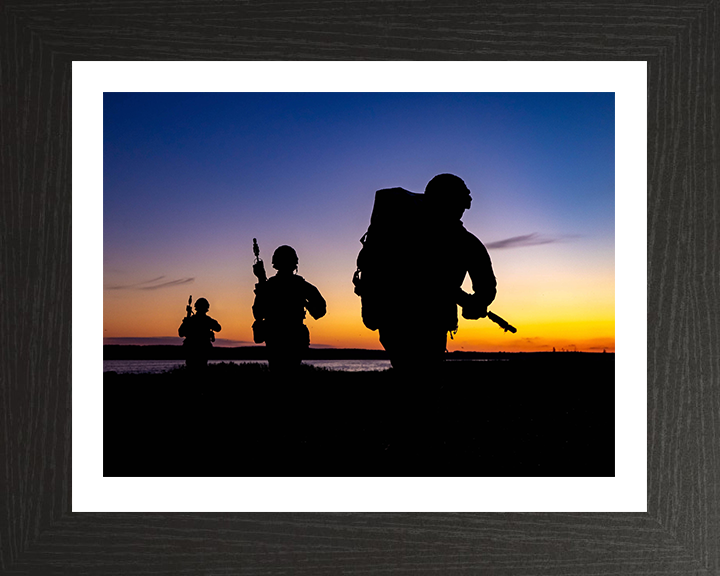 Royal Marine Commandos silhouette at sunset Photo Print - 45 Commando Posters, Prints, & Visual Artwork Hampshire Prints 10 x 8 Black Frame Yes