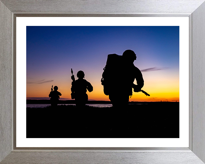 Royal Marine Commandos silhouette at sunset Photo Print - 45 Commando Posters, Prints, & Visual Artwork Hampshire Prints 10 x 8 Silver Frame Yes