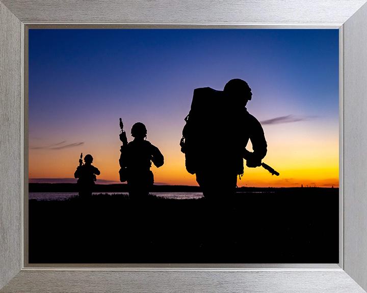 Royal Marine Commandos silhouette at sunset Photo Print - 45 Commando Posters, Prints, & Visual Artwork Hampshire Prints 10 x 8 Silver Frame No