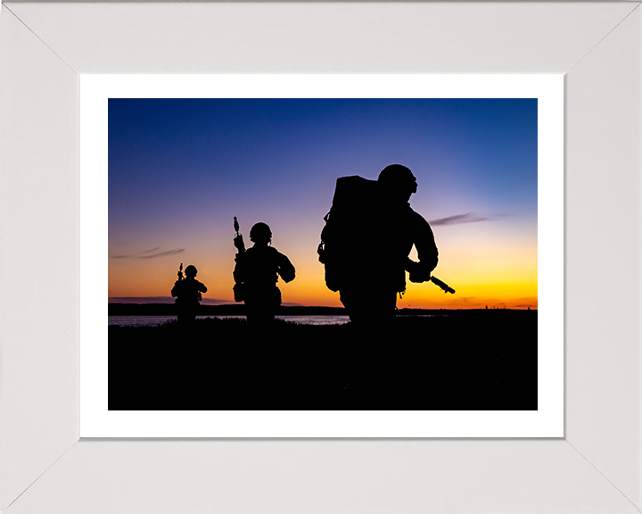 Royal Marine Commandos silhouette at sunset Photo Print - 45 Commando Posters, Prints, & Visual Artwork Hampshire Prints 10 x 8 White Frame Yes