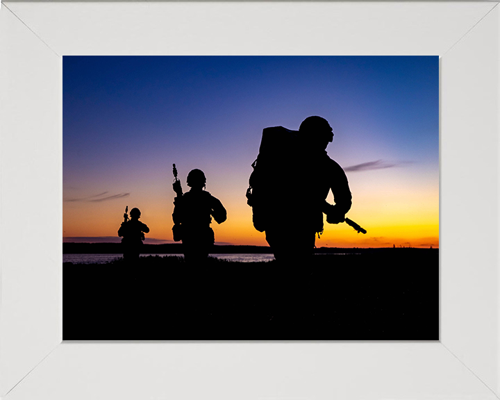 Royal Marine Commandos silhouette at sunset Photo Print - 45 Commando Posters, Prints, & Visual Artwork Hampshire Prints 10 x 8 White Frame No