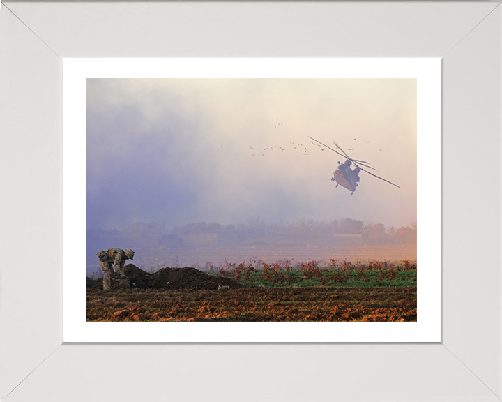 Royal Marine with Chinook Helicopter in Afghanistan Photo Print 42 Commando Marines Wall Art Military Decor Posters, Prints, & Visual Artwork Hampshire Prints 10 x 8 White Frame Yes