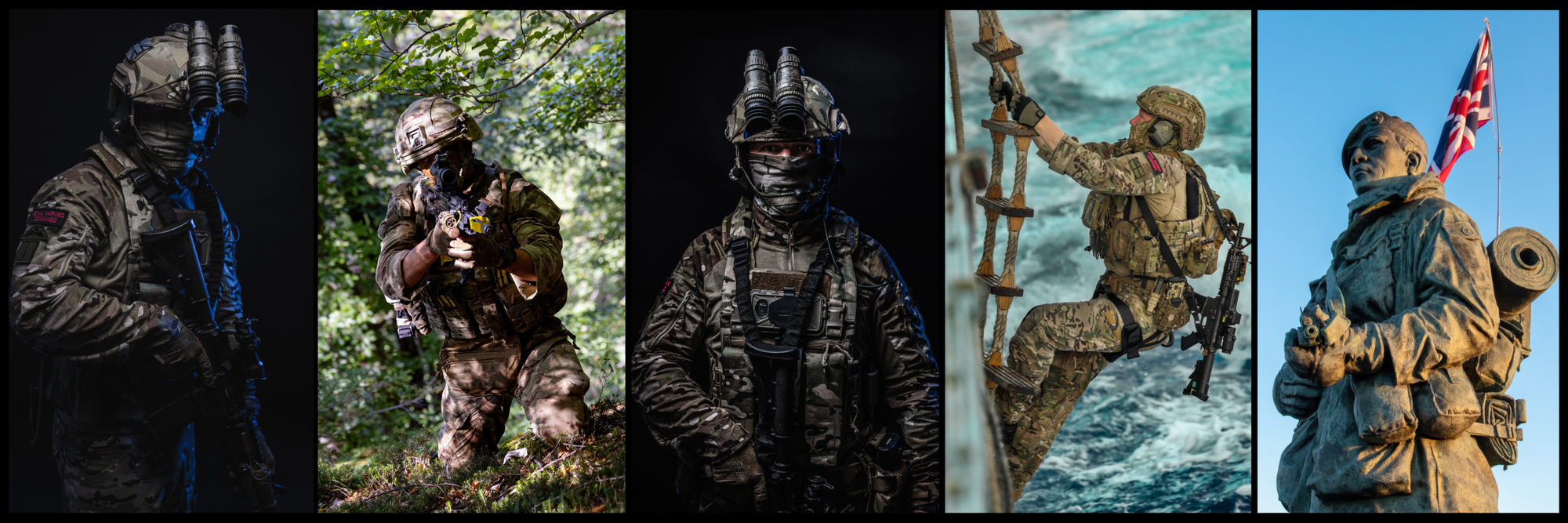 Collage of Royal Marines Commandos in various settings with military uniform and equipment.