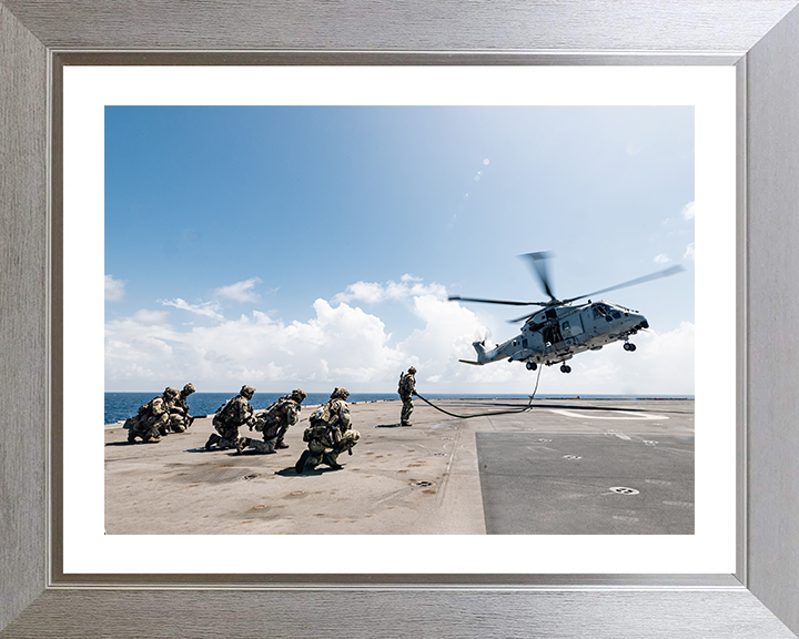 Royal Marines Fast Rope from a Merlin Helicopter Photo Print - 42 Commando Posters, Prints, & Visual Artwork Hampshire Prints 10 x 8 Silver Frame Yes
