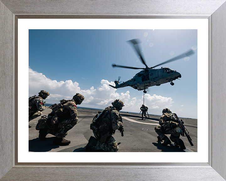 Royal Marines Fast Rope from a Merlin Photo Print - 42 Commando Posters, Prints, & Visual Artwork Hampshire Prints 10 x 8 Silver Frame Yes