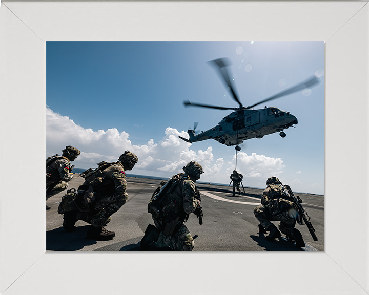 Royal Marines Fast Rope from a Merlin Photo Print - 42 Commando Posters, Prints, & Visual Artwork Hampshire Prints 10 x 8 White Frame No