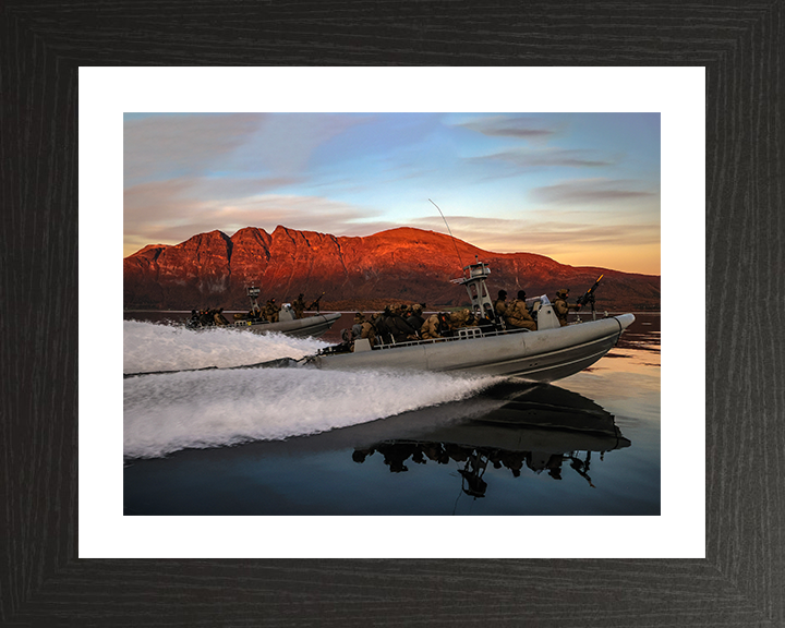 Royal Marines on Commando Raiding Craft at Sunset - 40 Commando Posters, Prints, & Visual Artwork Hampshire Prints 10 x 8 Black Frame Yes