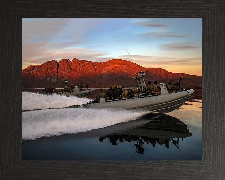 Royal Marines on Commando Raiding Craft at Sunset - 40 Commando Posters, Prints, & Visual Artwork Hampshire Prints 10 x 8 Black Frame No