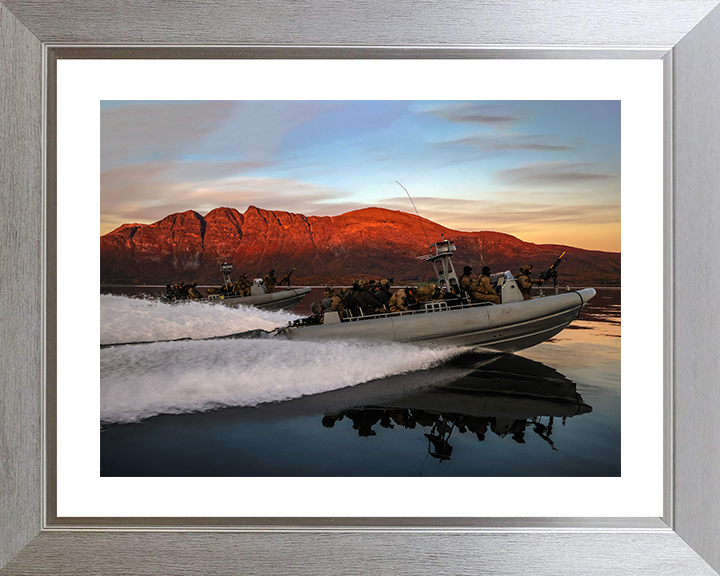 Royal Marines on Commando Raiding Craft at Sunset - 40 Commando Posters, Prints, & Visual Artwork Hampshire Prints 10 x 8 Silver Frame Yes