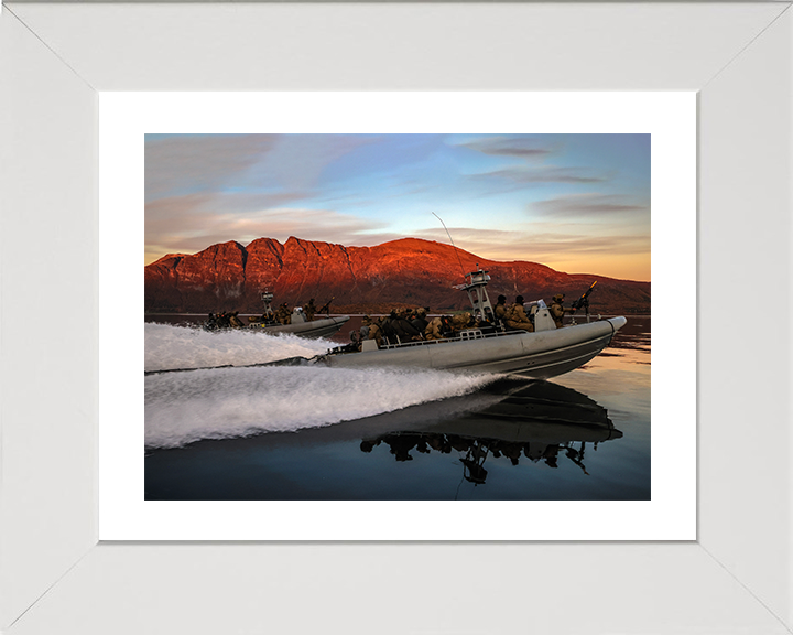 Royal Marines on Commando Raiding Craft at Sunset - 40 Commando Posters, Prints, & Visual Artwork Hampshire Prints 10 x 8 White Frame Yes