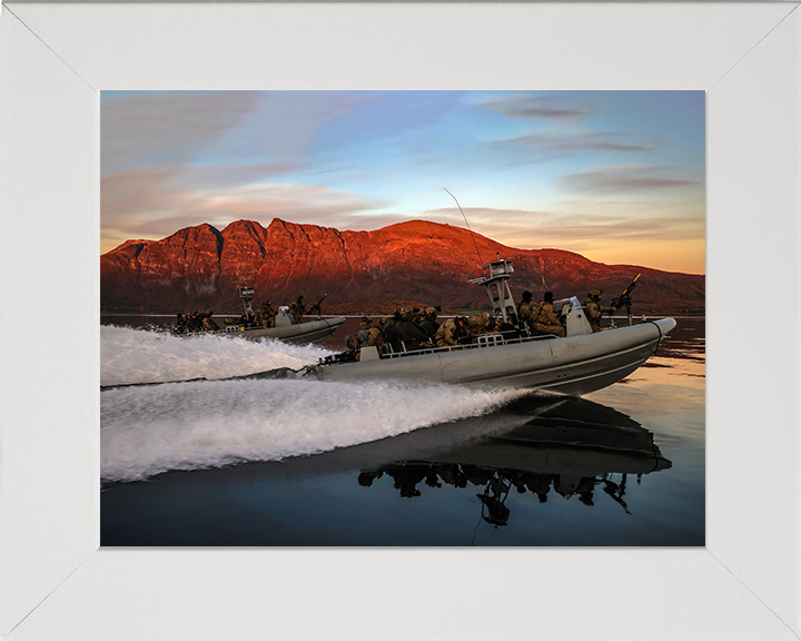 Royal Marines on Commando Raiding Craft at Sunset - 40 Commando Posters, Prints, & Visual Artwork Hampshire Prints 10 x 8 White Frame No