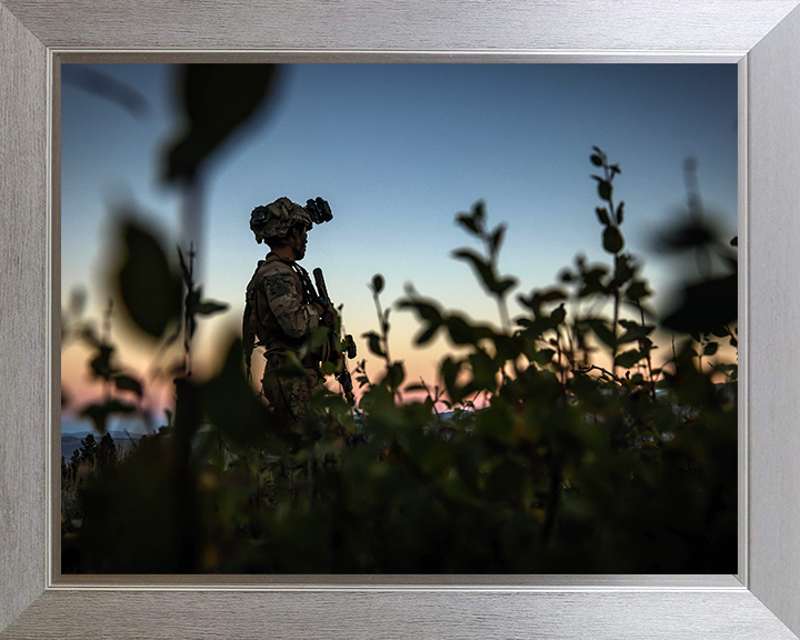Royal Marines on Patrol at Sunset 2025 Photo Print - 45 Commando Posters, Prints, & Visual Artwork Hampshire Prints 10 x 8 Silver Frame No