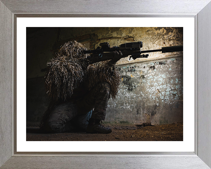 British Army Sniper Portrait Photo Print Wall Art Military Decor Poster Posters, Prints, & Visual Artwork Hampshire Prints 10 x 8 Silver Frame Yes
