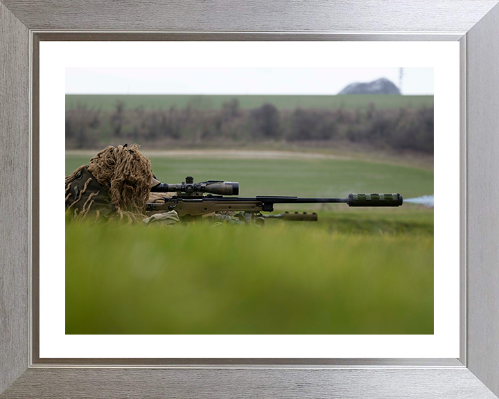 British Army Sniper Soldier Aiming Photo Print Wall Art Military Decor Poster Posters, Prints, & Visual Artwork Hampshire Prints 10 x 8 Silver Frame Yes
